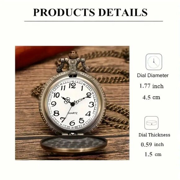 Vintage Style Locomotive Train Quartz Pocket Watch Men Gift Bronze w/Train Charm - Picture 6 of 8